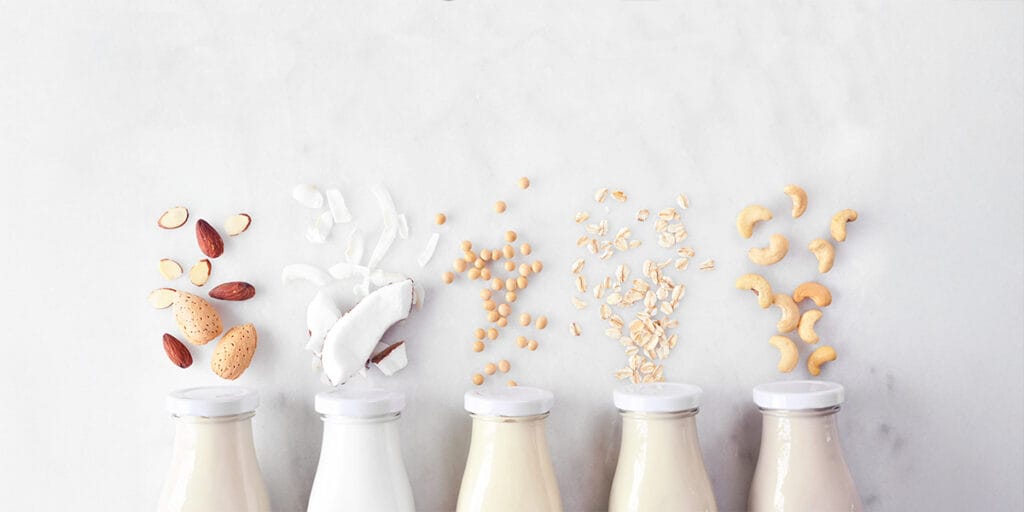 Vegan, bitki bazlı, süt. İçindekilerle birlikte süt şişelerinde çeşitlilikleri.