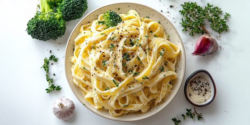 Vegan alfredo makarna, kremalı alfredo soslu, fettucine ve buharda pişmiş brokoli.