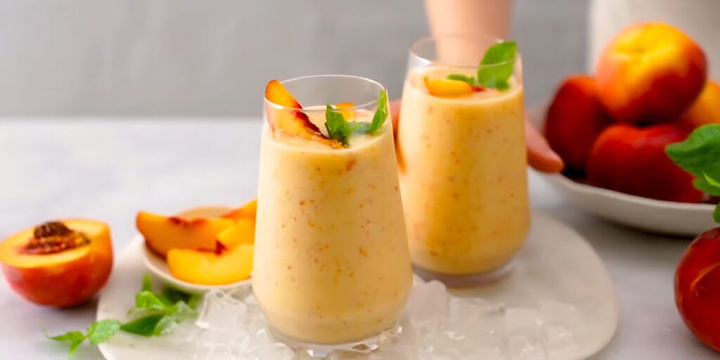 Masanın üzerinde buzlu şeftalili smoothie